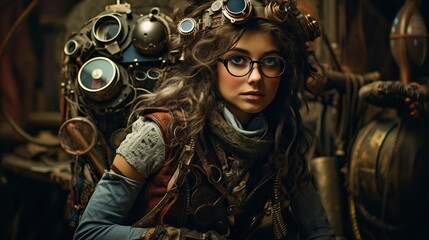 **Steampunk Enigma**: a portrait of a girl with intricate steampunk-inspired clothing and goggles, surrounded by gears and mechanical elements