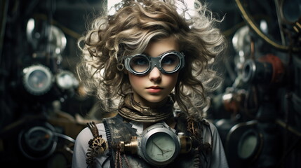 **Steampunk Enigma**: a portrait of a girl with intricate steampunk-inspired clothing and goggles, surrounded by gears and mechanical elements