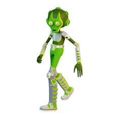 A 3D green walking alien. Cartoonish alien astronaut in low-poly style. Isolated 3D illustration.