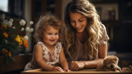 Mother and daughter playing on table in living room at home.