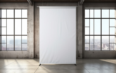 blank roll up banner display stands loft interior. Roll up blank white banner