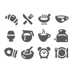 Breakfast and coffee vector icon set. Cereal bowl, eggs and bacon and tea morning icons.