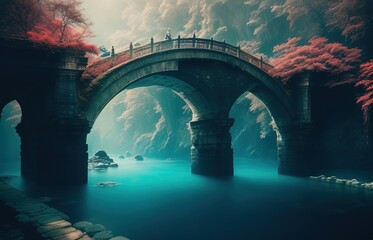 Beautiful Bridge With Blue Water And Sakura Flower