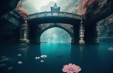 Beautiful Bridge With Blue Water And Sakura Flower - obrazy, fototapety, plakaty