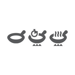 Fototapeta premium Frying pan on stove, cooking time vector icons. Hot pot, preparing foot icon set.