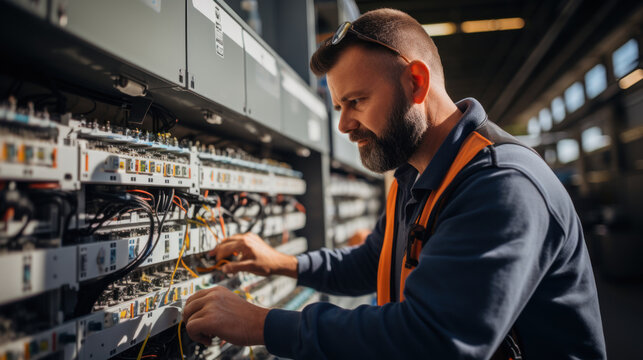 Portrait of a young male technician working in an electrical panel.