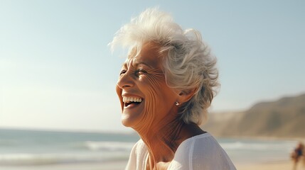 Senior woman laughing on the beach. Smiling happy lady enjoying a sunny day. Happiness, freedom, carefree concept. Generative AI.