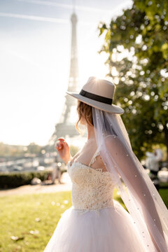 Happy bride and groom enjoying their wedding in Paris