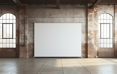 Fototapeta premium blank roll up banner display stands loft interior. Roll up blank white banner