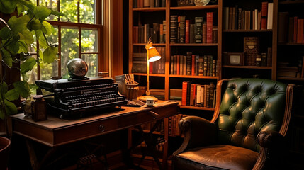 A cozy writer's nook with a vintage typewriter as the centerpiece, surrounded by shelves filled with leather-bound books. Generative AI