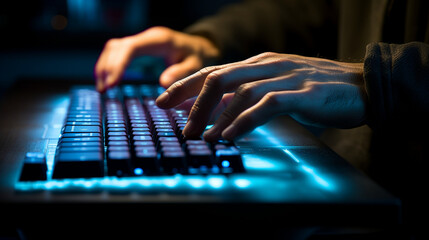 An artistic close-up of the writer's hands typing on a sleek, modern keyboard with soft, diffused lighting. Generative AI