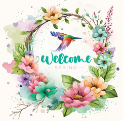  Hello Spring watercolor paint ilustration 