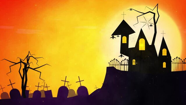 Halloween parties Night sky with Bats Spiders Graveyards and tombstones Background with full moon. Scary festival with Castle Haunted houses with text blank space.