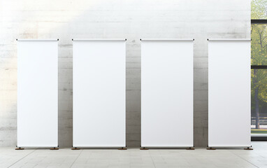 blank roll up banner display stands loft interior. Roll up blank white banner