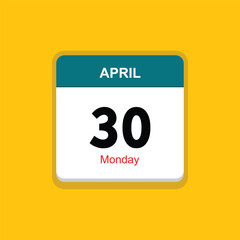 monday 30 april icon with yellow background, calender icon
