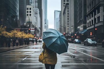 a city-dweller struggling to hold onto their umbrella on a windy city street, a common scenario during stormy weather.