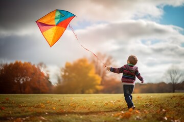 a child's joy and excitement as they fly a colorful kite in a windy park, with the kite soaring high against a blue sky.