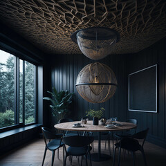Modern Art Interior Of Dinning Room, Wooden Abstract  Decorative Round Mesh Over Ceiling, Generative AI