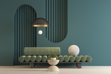 Memphis style conceptual interior room 3d illustration