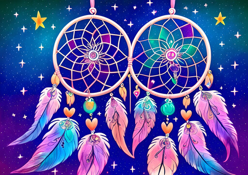 North Indian dream catcher with decorative heart. Love Catcher greeting card for Valentine's day beautiful drawing in fairy tale style, Generative AI