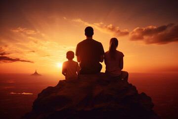 Fototapeta na wymiar Family on sunset back view. AI generated