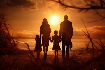 Fototapeta na wymiar Family on sunset back view. AI generated