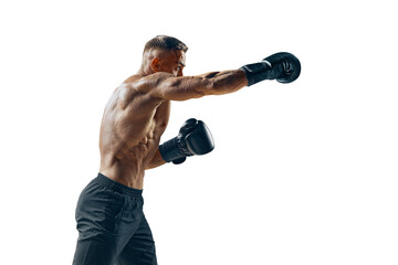 Male boxer training, fighting. Shadow fight. Silhouette of boxer preparing for big fight. Strength...