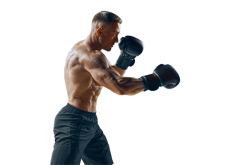 Sporty muscular man during boxing exercise making direct hit, side view. Portrait of boxer isolated on white background