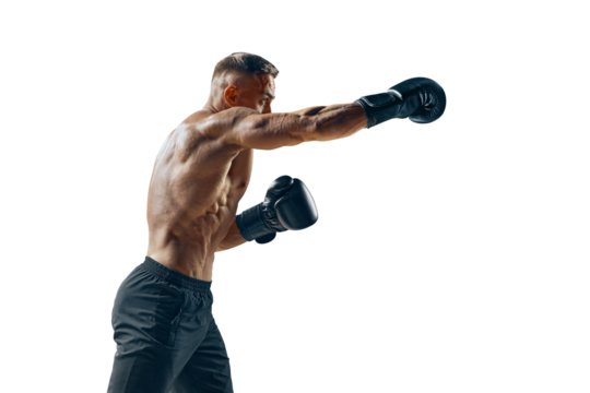Male boxer training, fighting. Shadow fight. Silhouette of boxer preparing for big fight. Strength and motivation. Side view isolated on white - Powered by Adobe