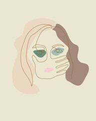 The image of a girl in the style of one line art, the hand covers the face. Abstract drawing