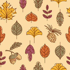 Seamless autumn pattern. Colorful leaves. Maple, ginkgo biloba, linden, lilac, mountain ash. Acorn and cedar cone. In vintage colors. For wallpaper, printing on fabric, packaging, background.