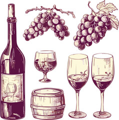 Vector big barrel of wine with bottle and Grapes icon eps10. Vector a half filled glass of wine icon eps10. ai generated image