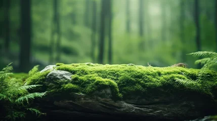 Foto op Canvas A stone covered with green moss in the forest. Wildlife landscape. Beautiful Bright Green moss grown up cover the rough stones and on the floor in the forest. Product display mockup. © Tirtonirmolo