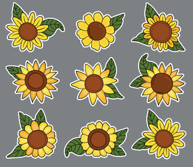 Sunflowers sticker set. Cartoon style.
