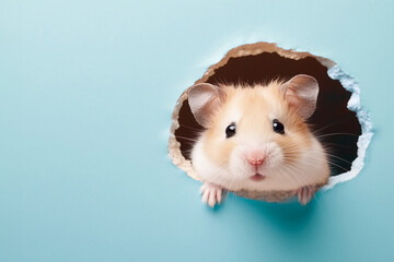 Hamster peeks in surprise through a hole in the paper on a pastel blue background, with copy space - obrazy, fototapety, plakaty