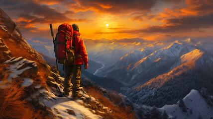 Fantasy Adventure Composite with mountaineer on top of a Mountain Cliff with Dramatic Landscape in Background. Dramatic Stormy Sunset Sky.