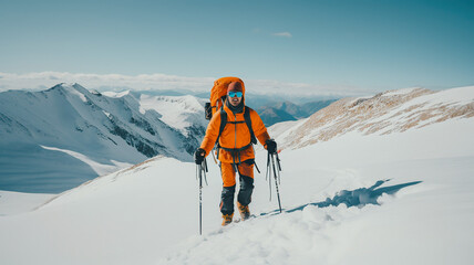 Fototapeta na wymiar Climber climbing mountain with snow field tied with ice axes and helmets