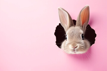rabbit peaks in surprise through a hole in the paper on a pastel pink background, with copy space. Easter concept