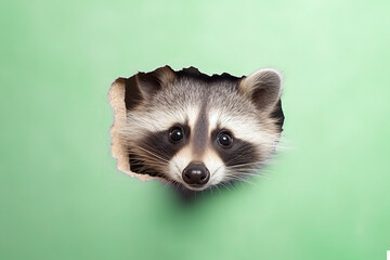 Obraz premium Raccoon peeks in surprise through a hole in the paper on a pastel green background, with copy space,