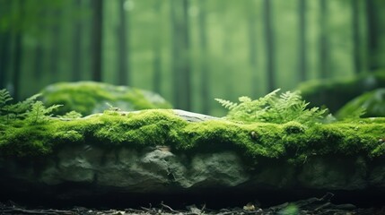 A stone covered with green moss in the forest. Wildlife landscape. Beautiful Bright Green moss grown up cover the rough stones and on the floor in the forest. Product display mockup.