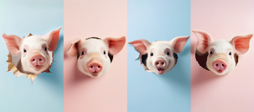Set of 4 photo of pigs peeks in surprise through a hole in the paper on a pastel blue background, with copy space