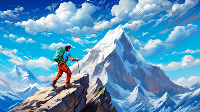 Mountaineer, climb, snow landscape. Illustration style