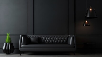 Minimal concept interior of living black tone on black sofa, black floor, black wall, and background.