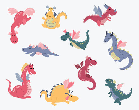 Set of cute hand drawn dragons. White background, isolate.
