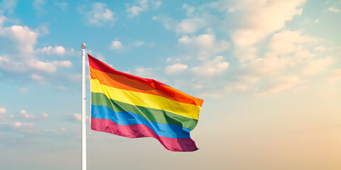Waving rainbow flag with pole