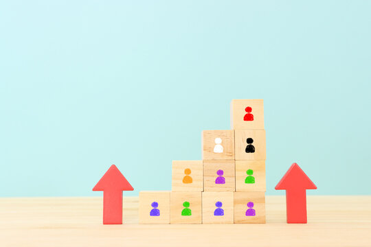image of wooden cubes with people figures, human resources, leadership and management concept