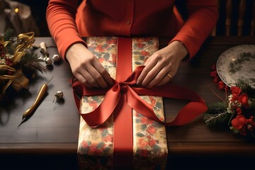 hands in the process of wrapping a gift with festive paper and ribbon, demonstrating the art and care of gift-giving.