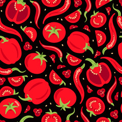 Red vegetables. Tomatoes and paprika, chili peppers. Spicy, sexy pattern. Healthy lifestyle, proper nutrition, harvesting, veganism. Bright seamless pattern. Cafe, menu, tablecloth, wallpaper, fabricd