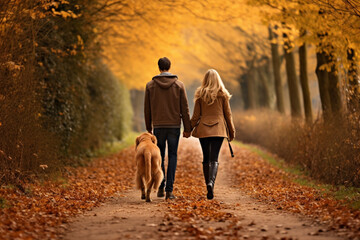Young couple with a dog walks on autumn park back view. AI generated