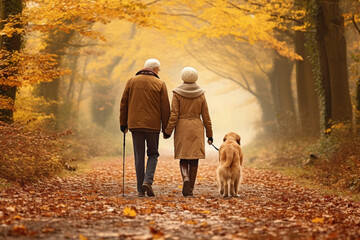 Fototapeta premium Senior couple with a dog walks on autumn park. AI generated